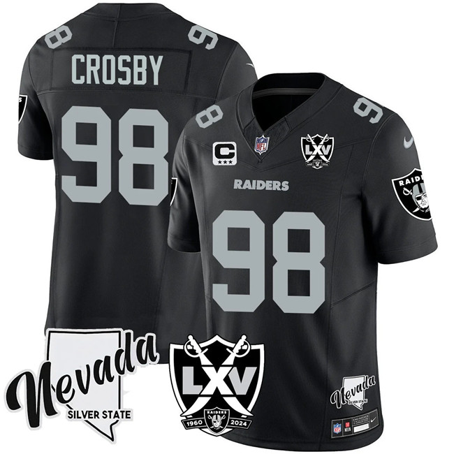 Men's Las Vegas Raiders #98 Maxx Crosby Black 2024 F.U.S.E With Nevada Silver Stat Patch And 65th Anniversary Patch 3-Star C Patch Football Stitched Jersey